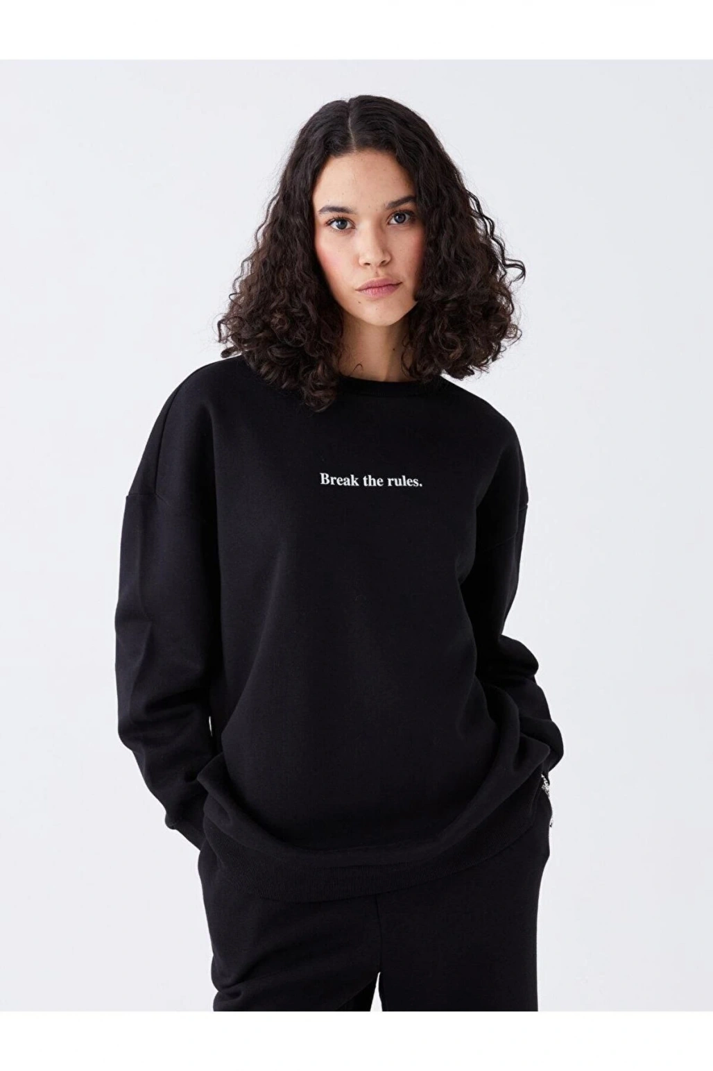 LCW Vision Bisiklet Yaka Baskılı Uzun Kollu Oversize Kadın Sweatshirt
