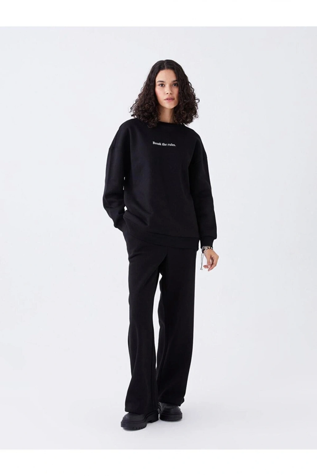 LCW Vision Bisiklet Yaka Baskılı Uzun Kollu Oversize Kadın Sweatshirt