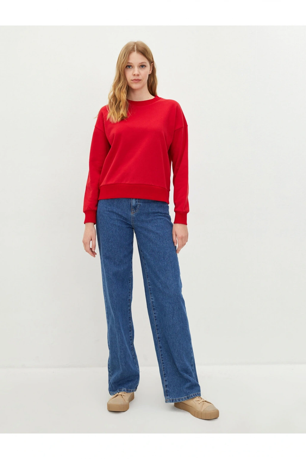 Bisiklet Yaka Düz Uzun Kollu Kadın Sweatshirt