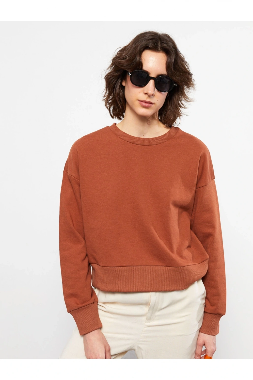 Bisiklet Yaka Düz Uzun Kollu Kadın Sweatshirt