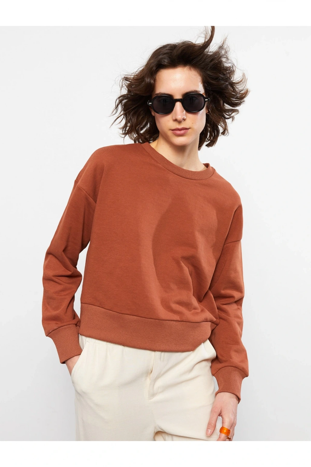 Bisiklet Yaka Düz Uzun Kollu Kadın Sweatshirt