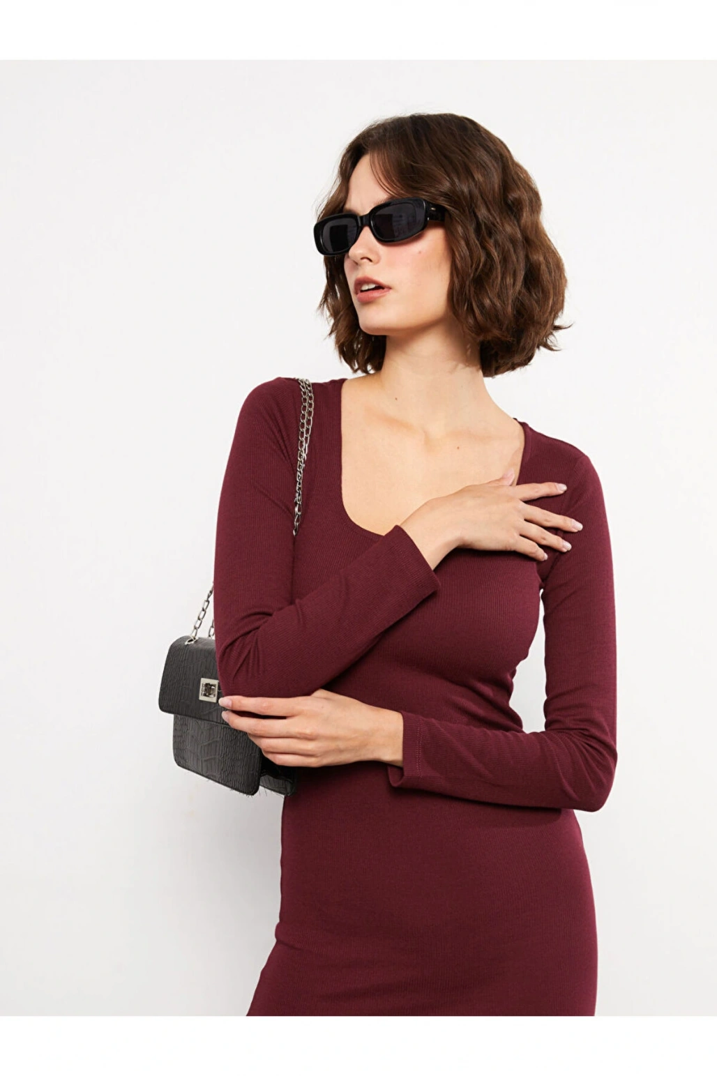 Kare Yaka Düz Uzun Kollu Kadın Bodycon Elbise