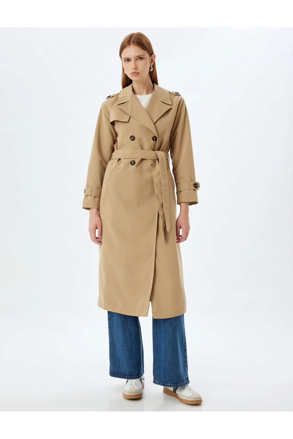 Kuşak Detaylı Kruvaze Düğmeli Trençkot