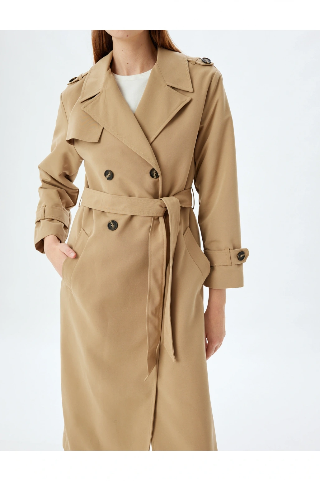 Kuşak Detaylı Kruvaze Düğmeli Trençkot