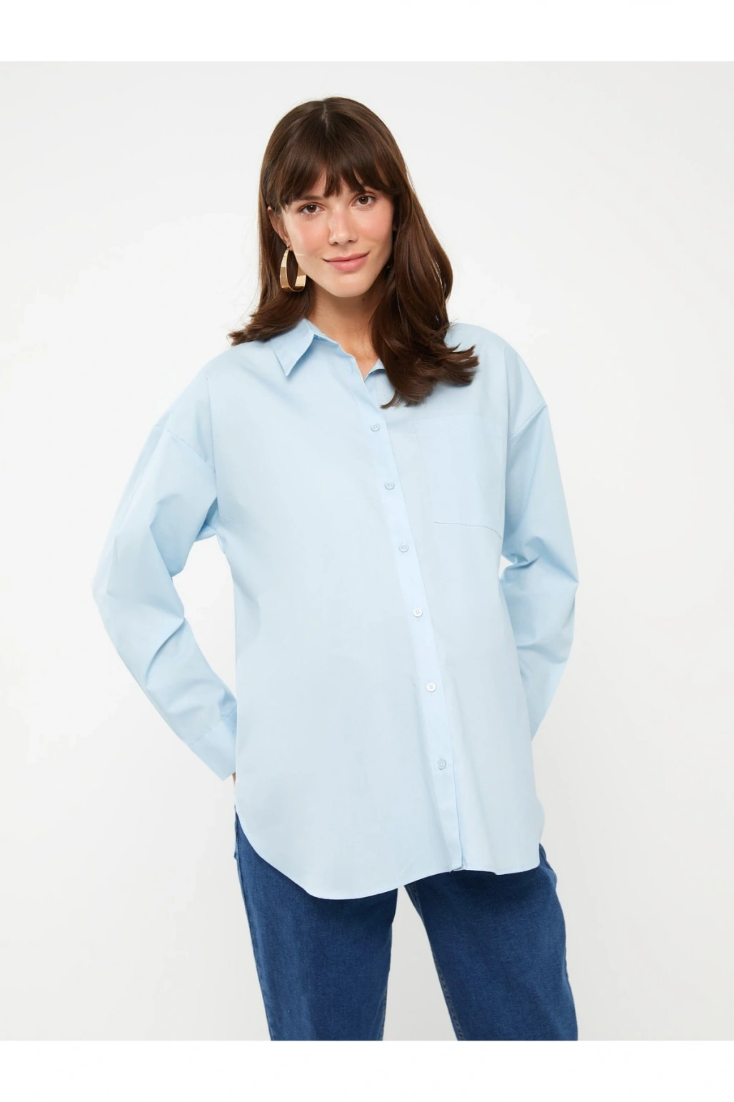 Düz Uzun Kollu Poplin Hamile Gömlek