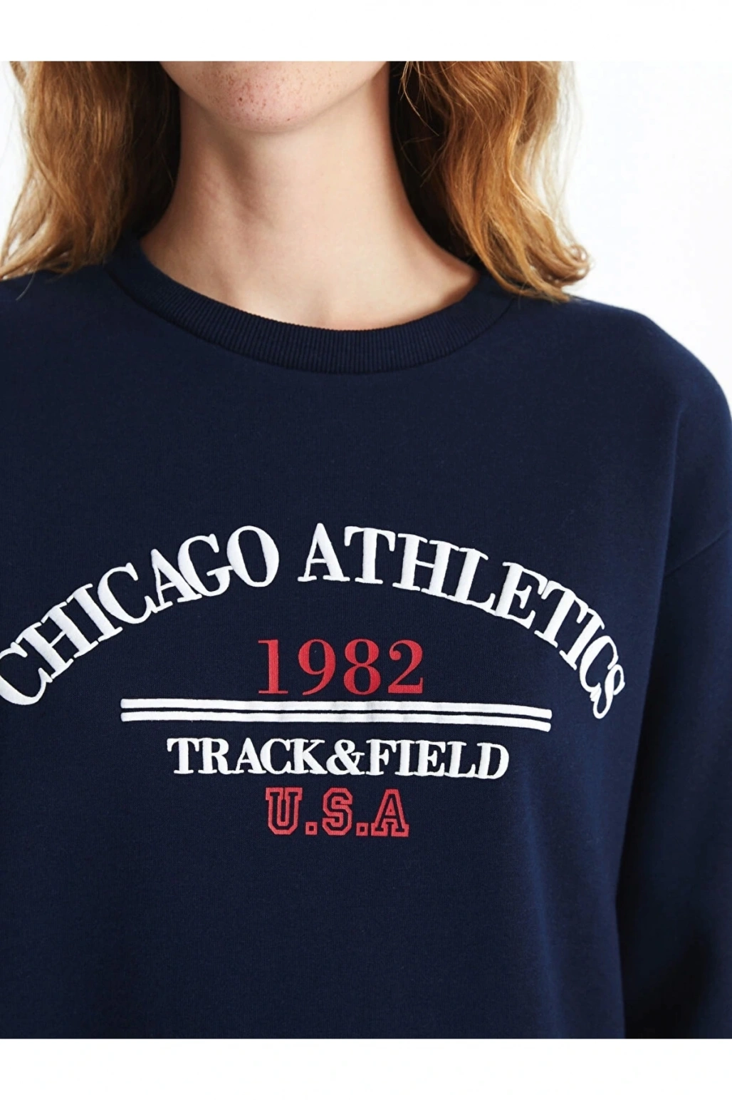 Xsıde Lacivert Bisiklet Yaka Baskılı Kadın Kalın Sweatshirt