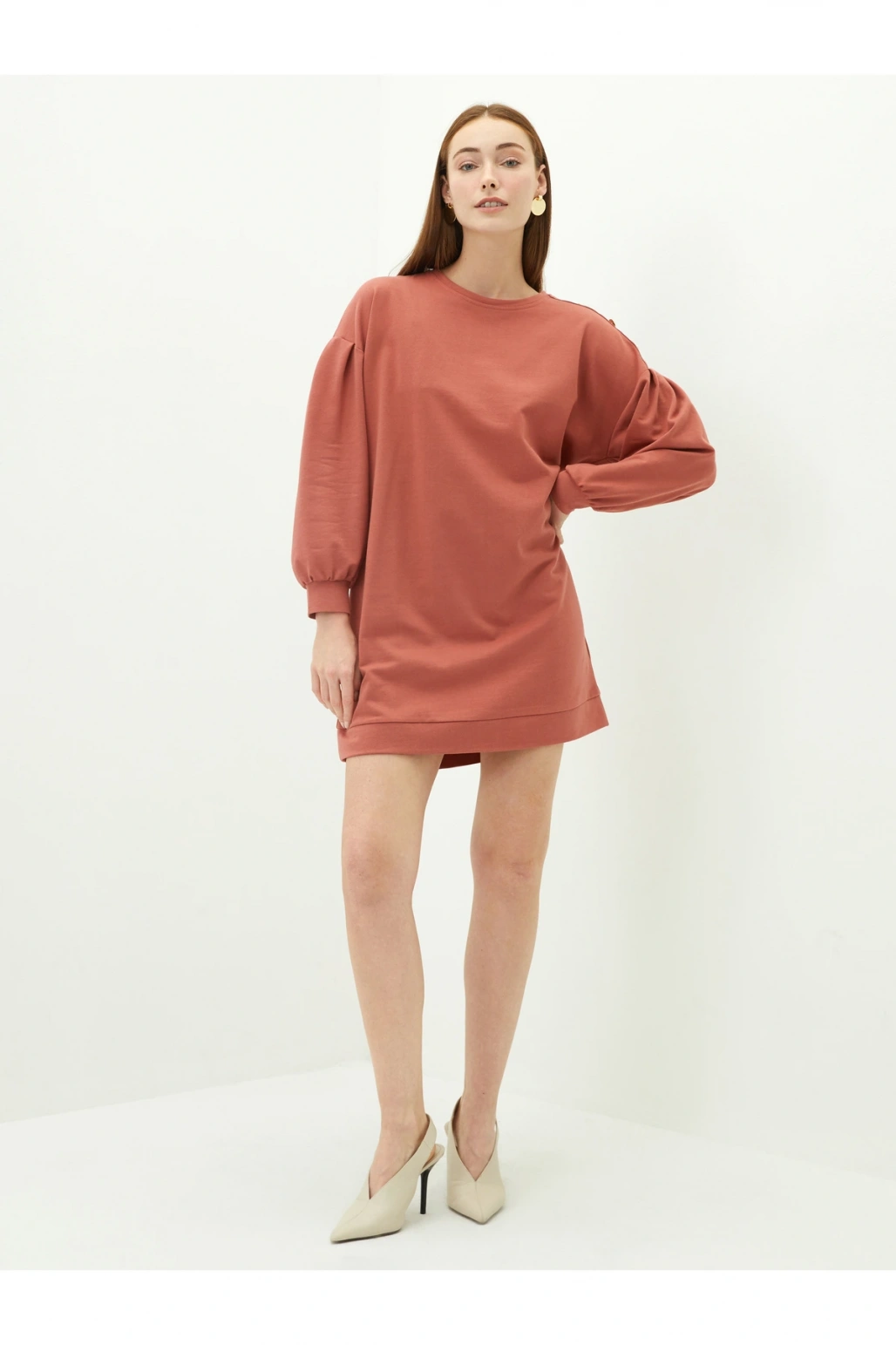 Bisiklet Yaka Düz Uzun Kollu Kadın Elbise