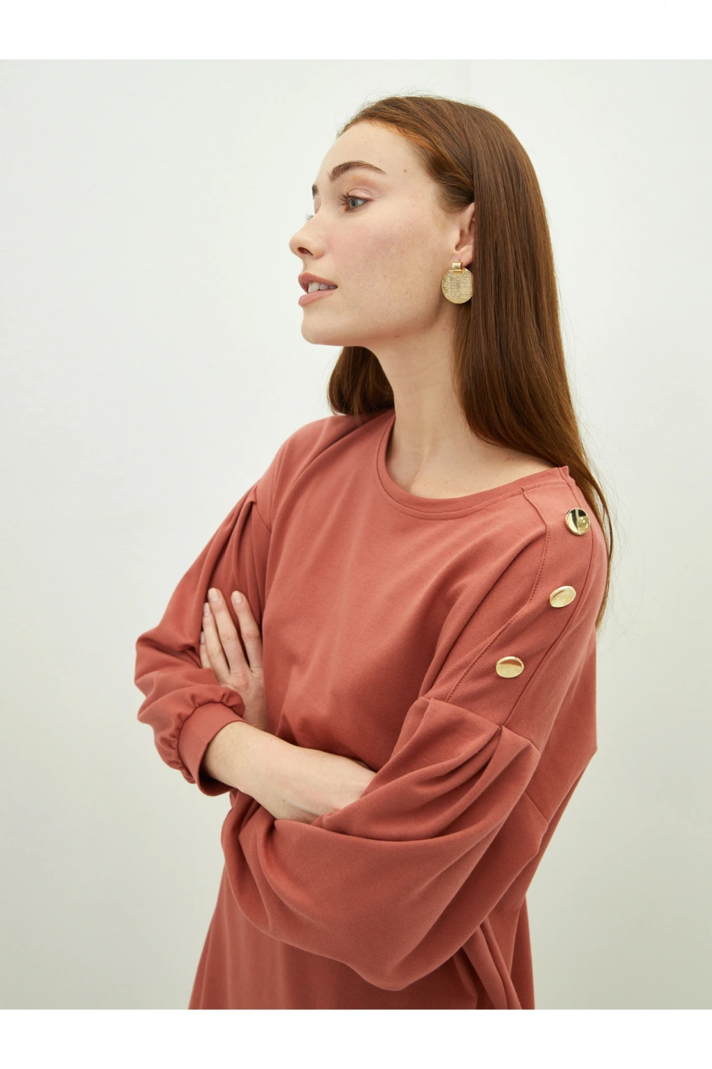 Bisiklet Yaka Düz Uzun Kollu Kadın Elbise