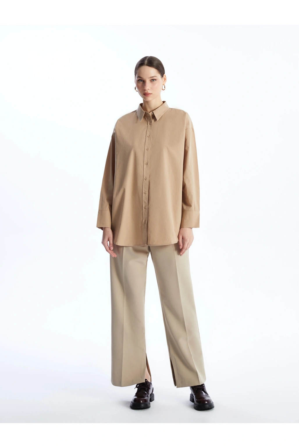 Düz Uzun Kollu Poplin Kadın Gömlek Tunik