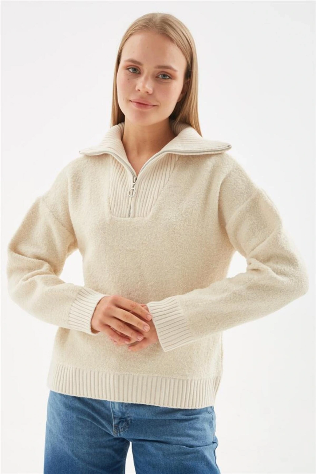 Yakası Fermuarlı Sweat Bej