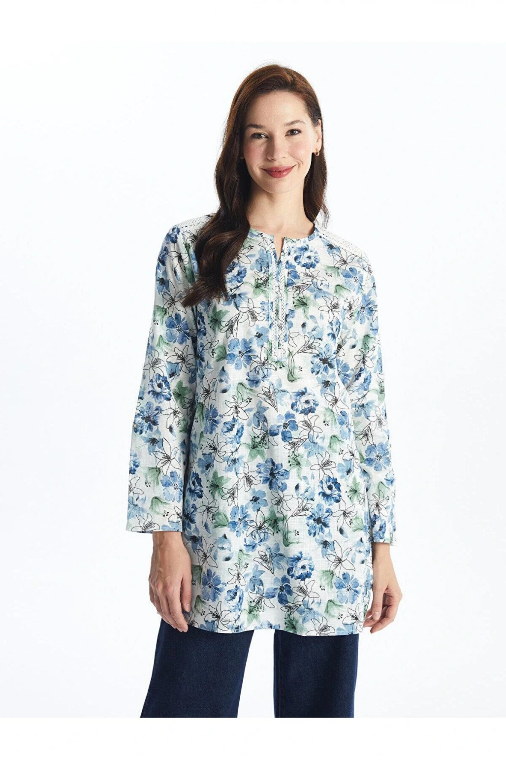 LCW Grace Kaçık Yaka Çiçekli Uzun Kollu Kadın Tunik