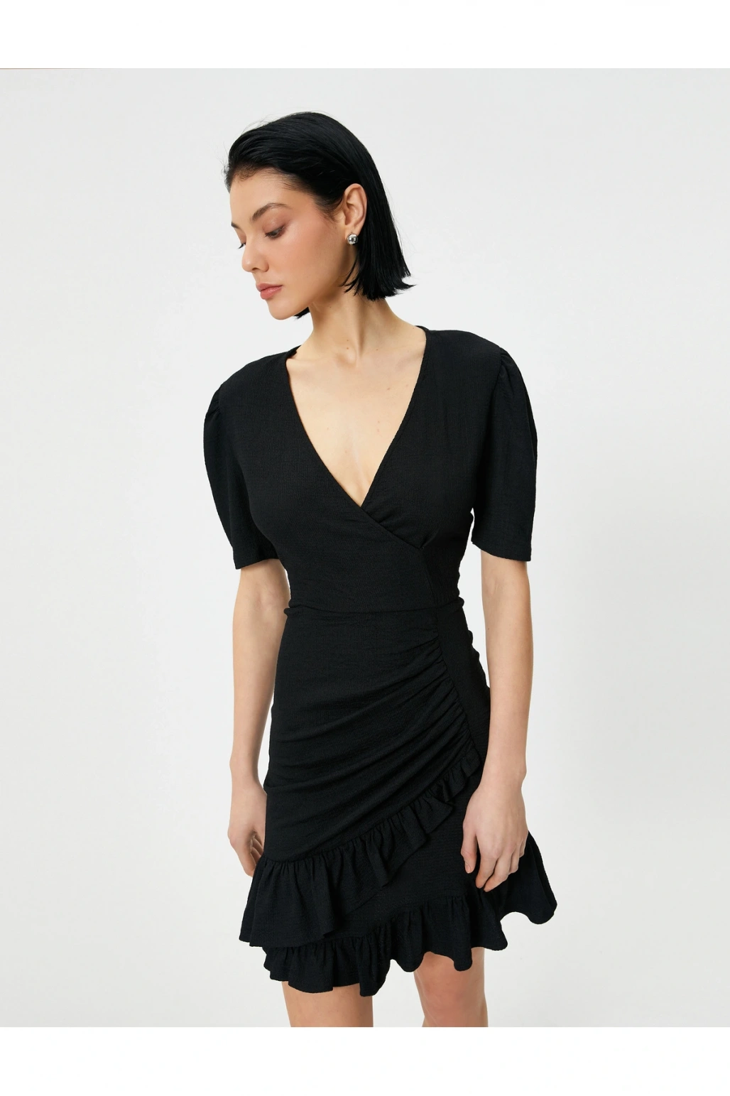 Mini Fırfırlı Elbise V Yaka Kruvaze Balon Kol