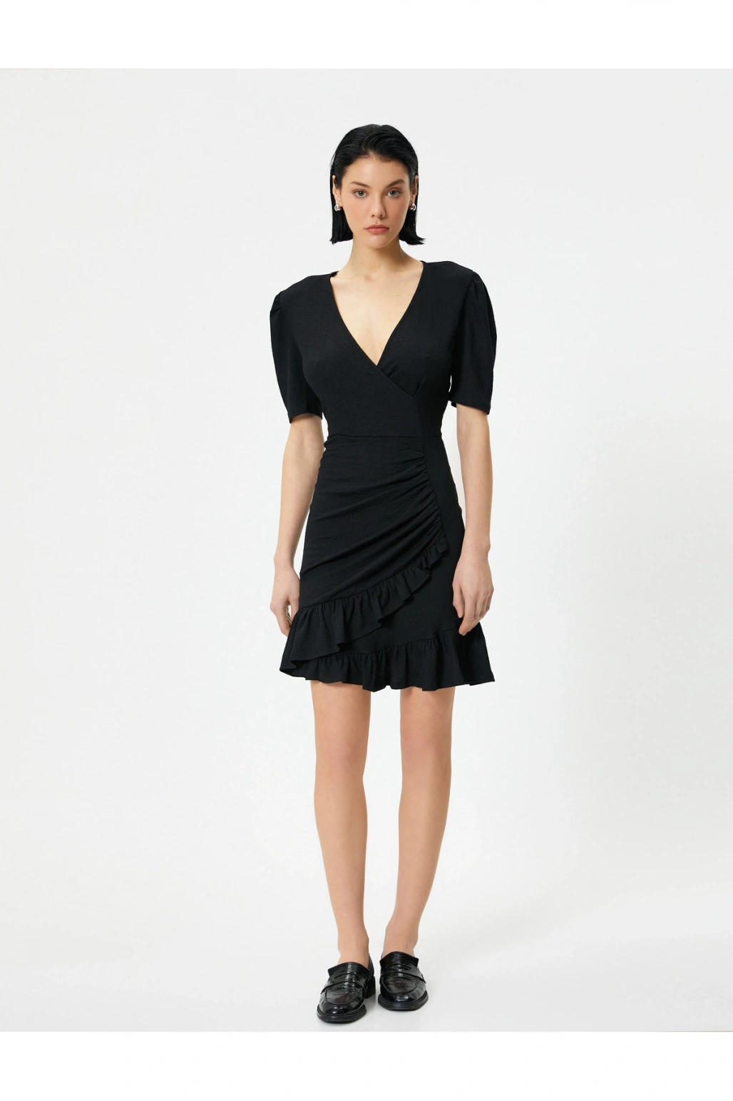 Mini Fırfırlı Elbise V Yaka Kruvaze Balon Kol