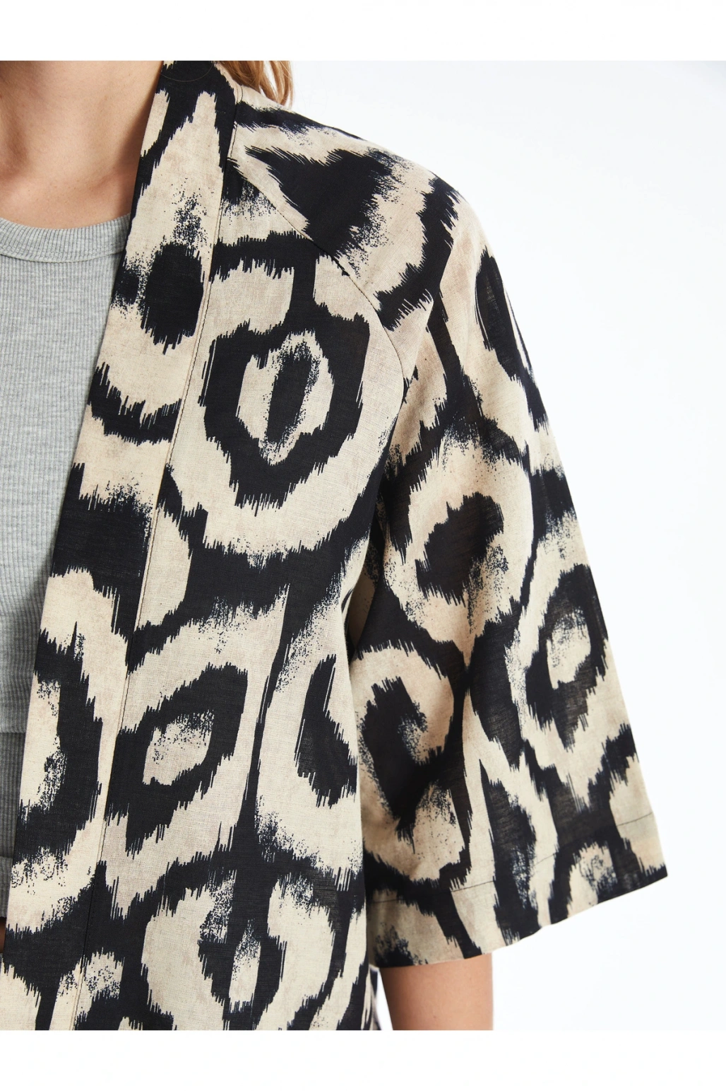 Şal Yaka Desenli Oversize Keten Karışımlı Kadın Kimono