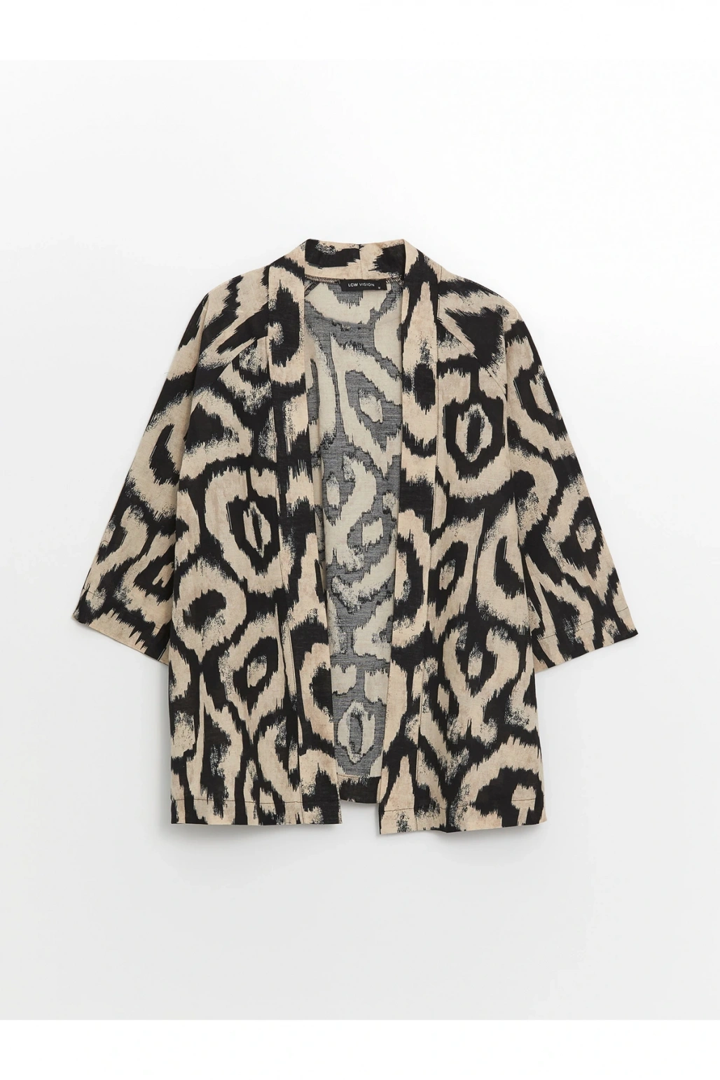 Şal Yaka Desenli Oversize Keten Karışımlı Kadın Kimono