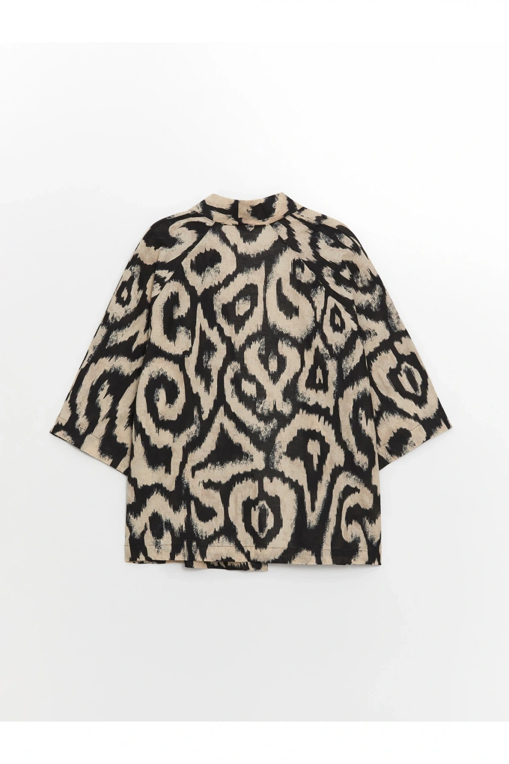 Şal Yaka Desenli Oversize Keten Karışımlı Kadın Kimono