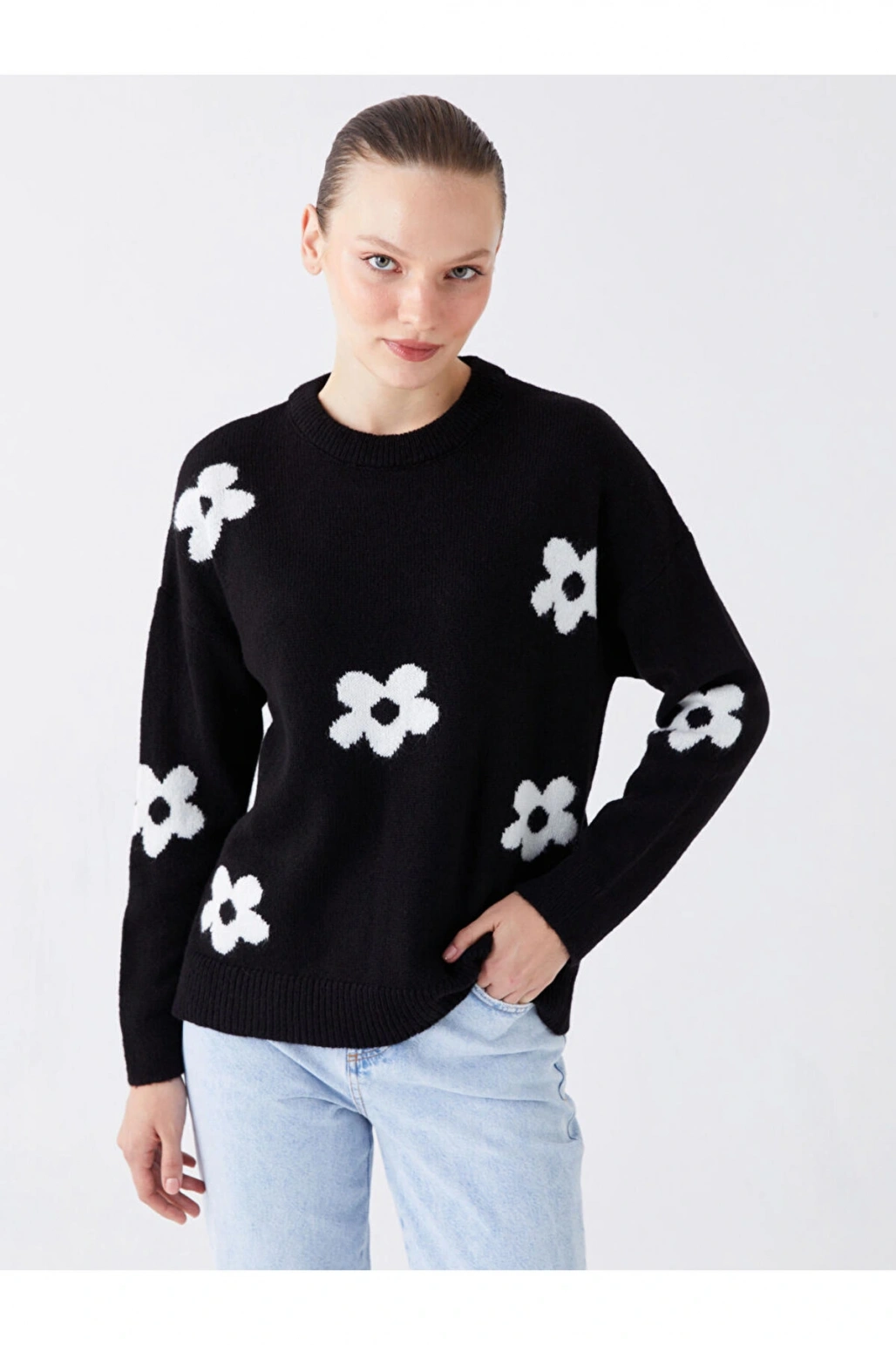 Bisiklet Yaka Çiçekli Uzun Kollu Oversize Kadın Triko Kazak