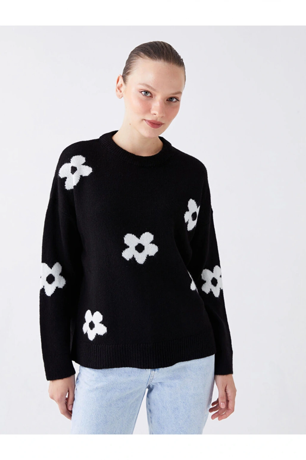 Bisiklet Yaka Çiçekli Uzun Kollu Oversize Kadın Triko Kazak