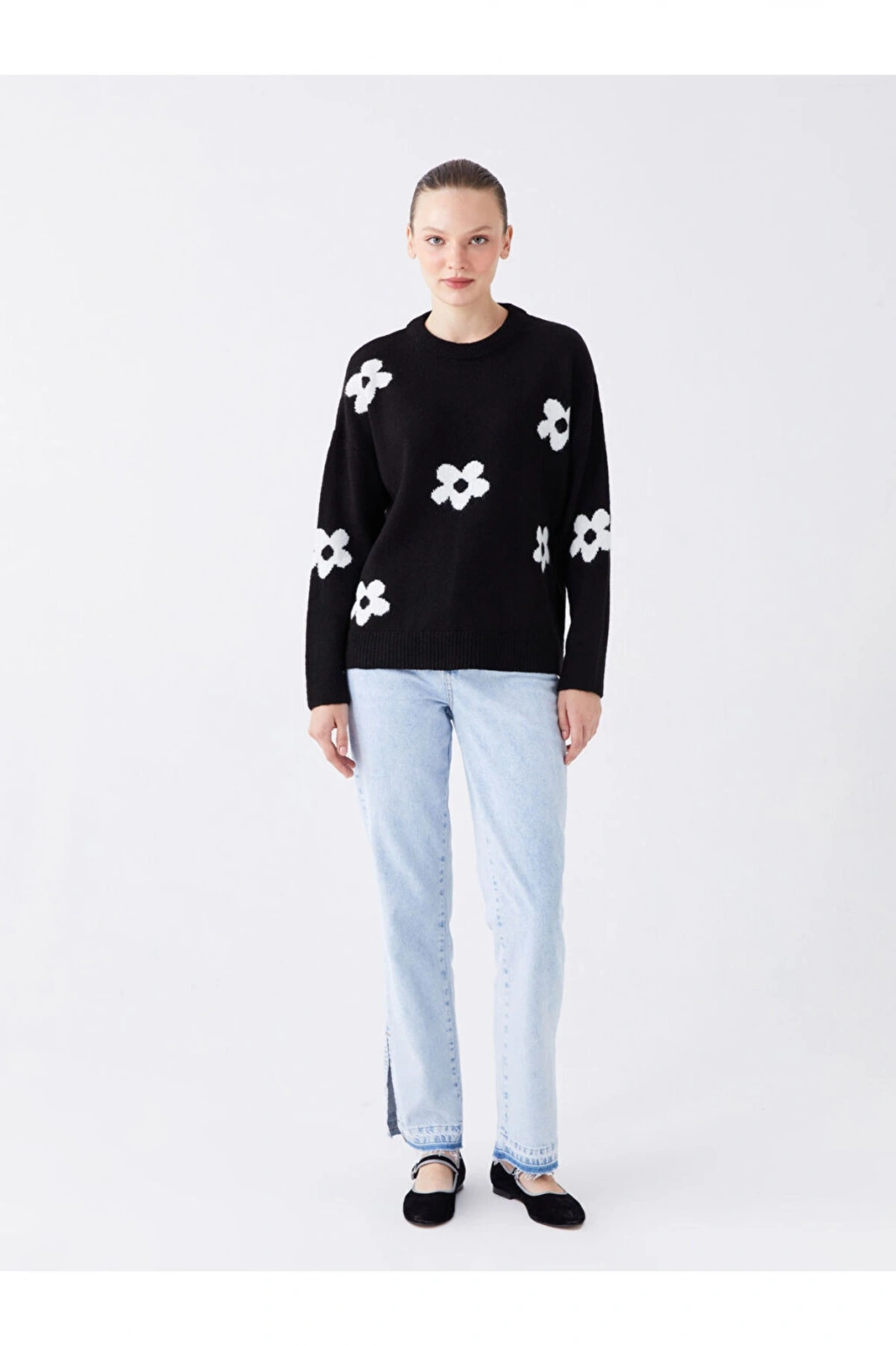 Bisiklet Yaka Çiçekli Uzun Kollu Oversize Kadın Triko Kazak