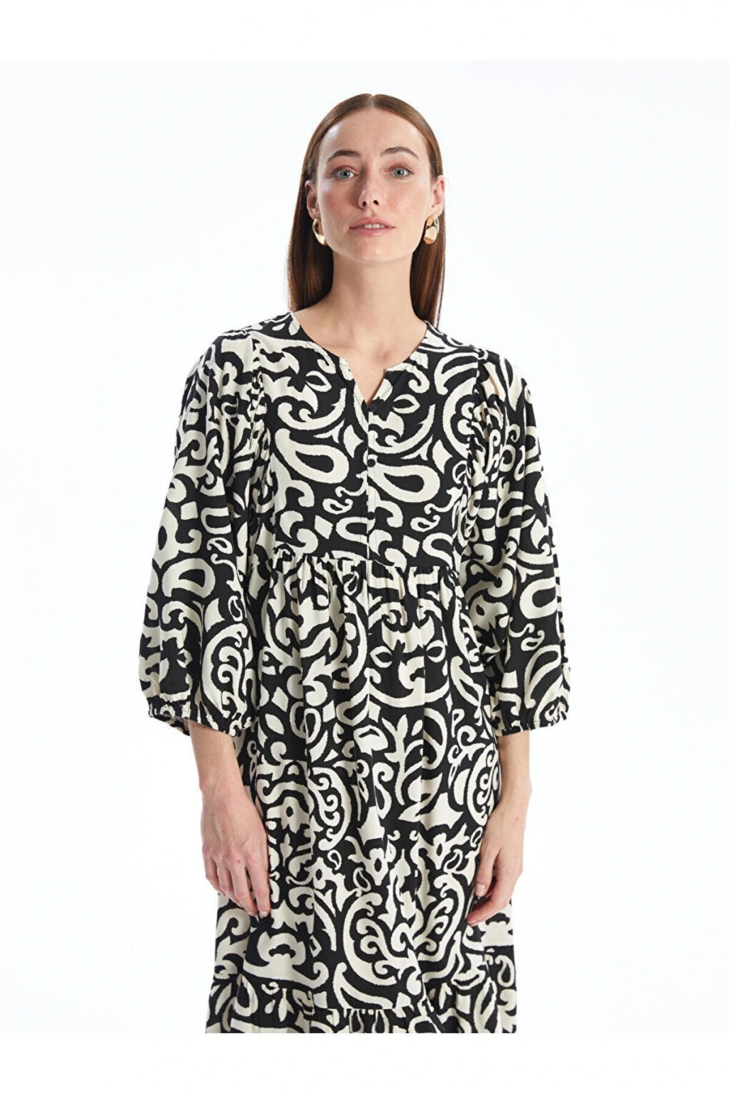 LCW Kaçık Yaka Desenli Balon Kollu Oversize Kadın Elbise