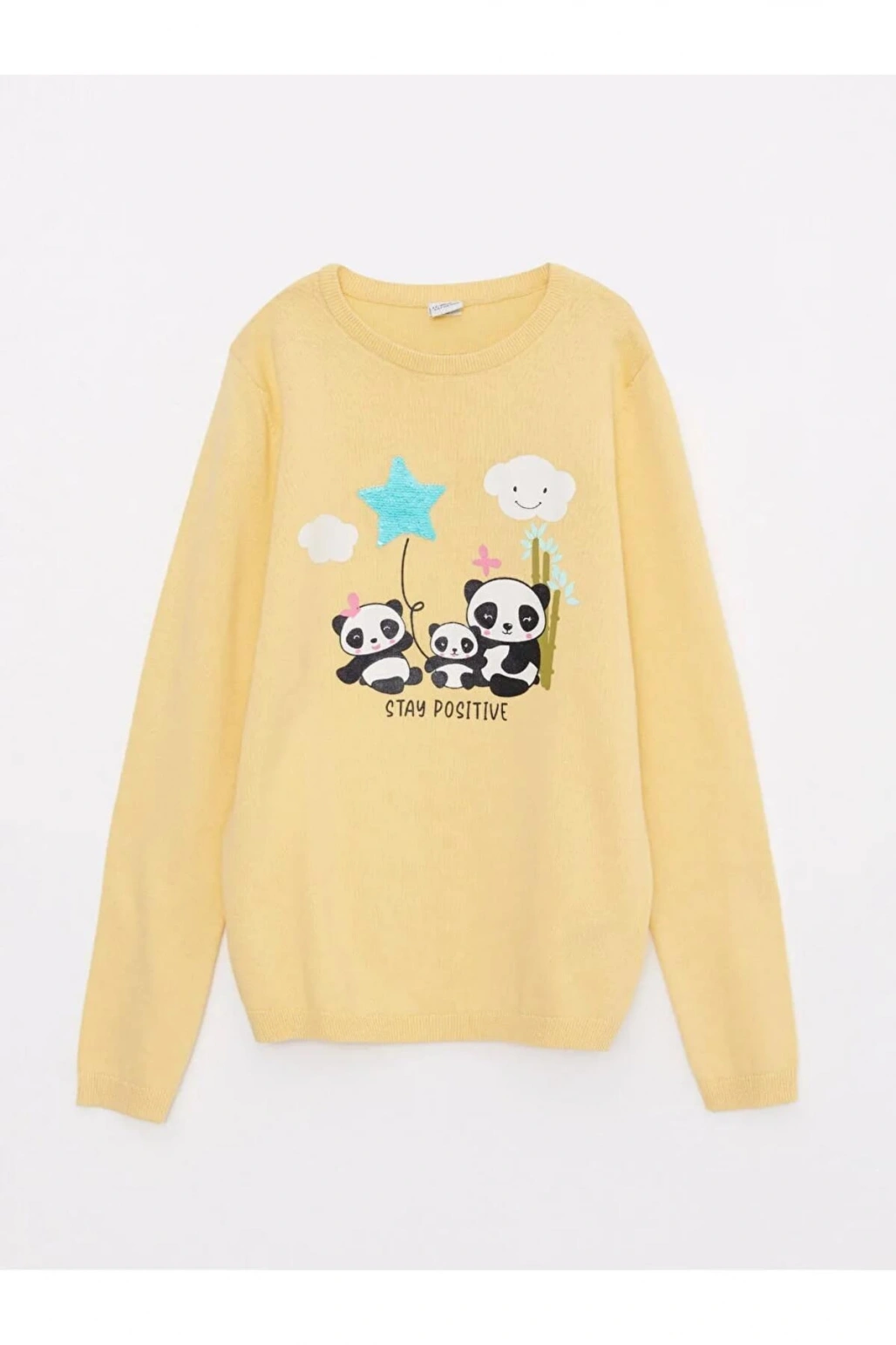 LCW Kids Sarı Bisiklet Yaka Baskılı Çift Yönlü Payetli Uzun Kollu Kız Çocuk Triko Kazak