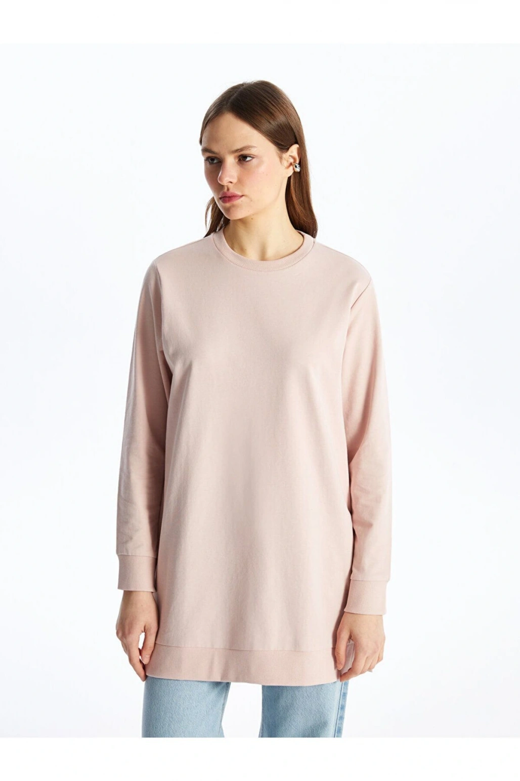 Pembe Bisiklet Yaka Düz Uzun Kollu Kadın Sweatshirt Tunik