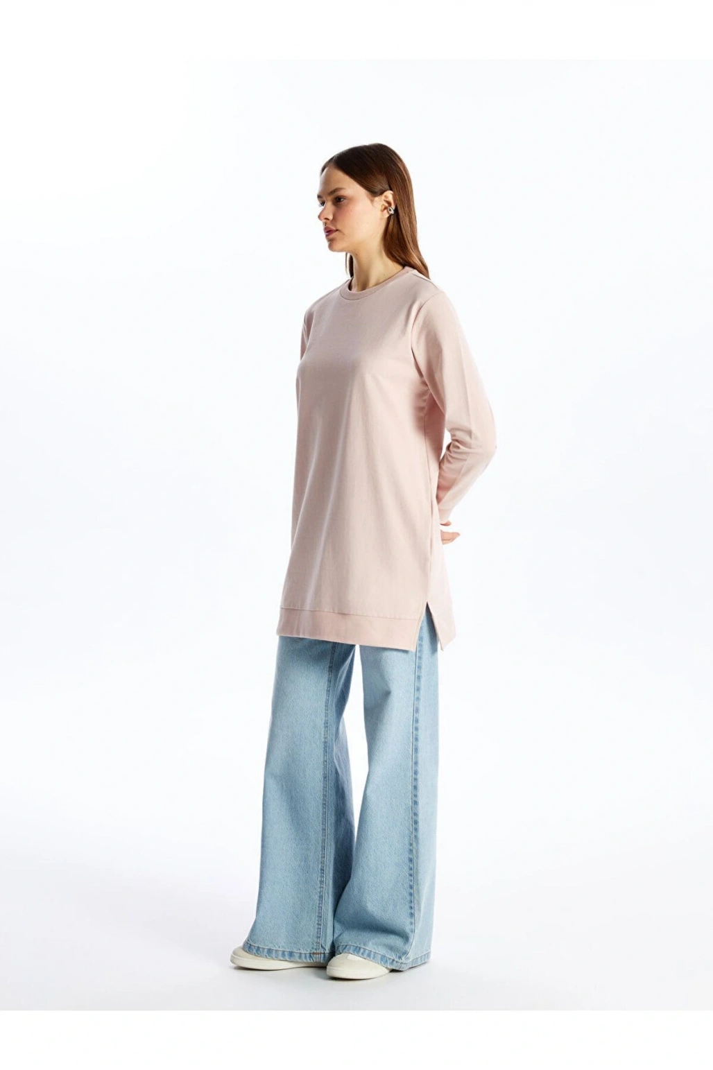 Pembe Bisiklet Yaka Düz Uzun Kollu Kadın Sweatshirt Tunik