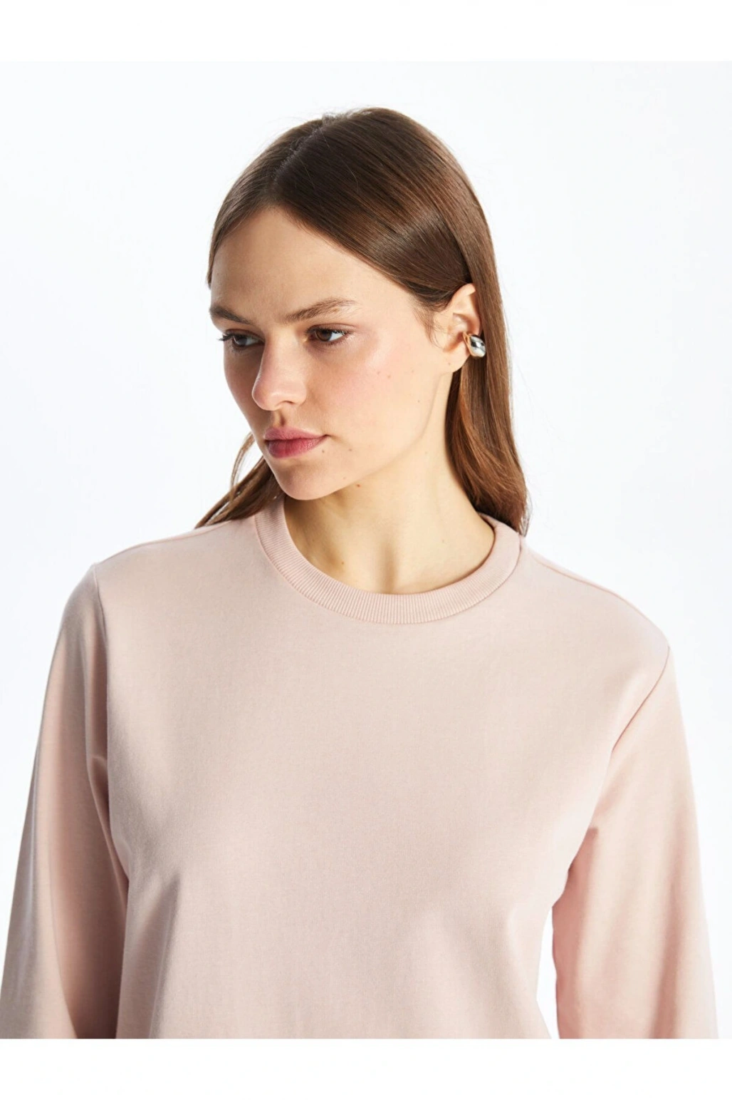 Pembe Bisiklet Yaka Düz Uzun Kollu Kadın Sweatshirt Tunik