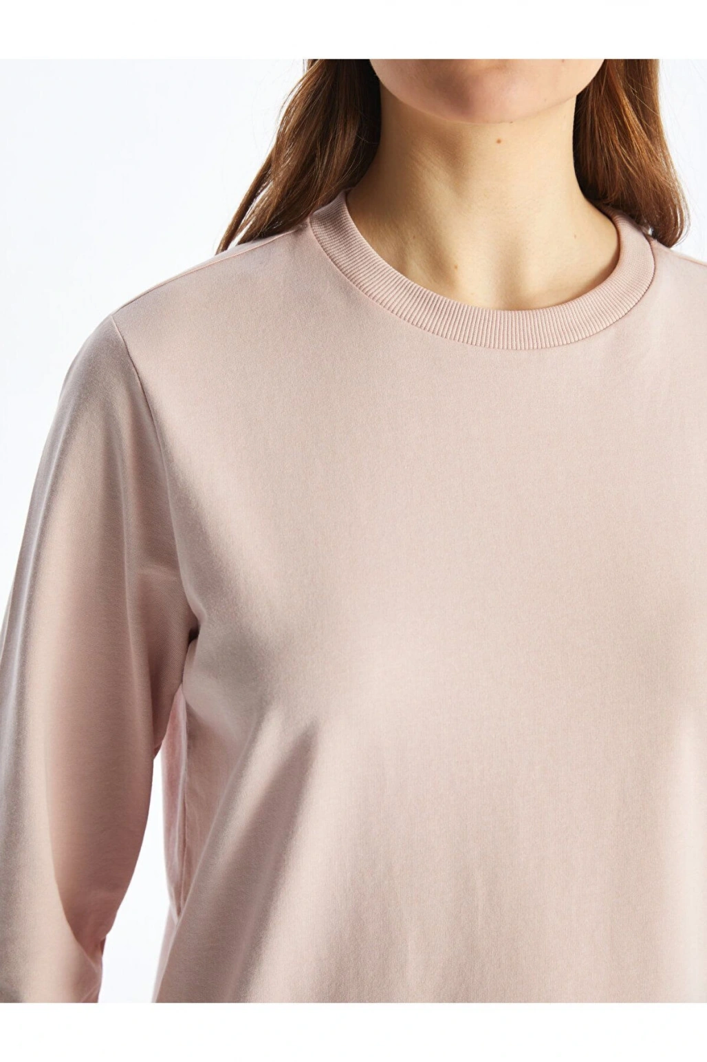 Pembe Bisiklet Yaka Düz Uzun Kollu Kadın Sweatshirt Tunik