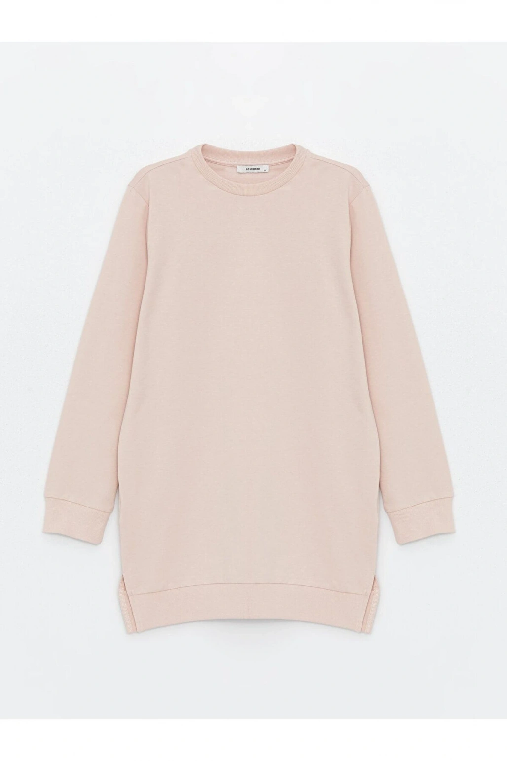 Pembe Bisiklet Yaka Düz Uzun Kollu Kadın Sweatshirt Tunik