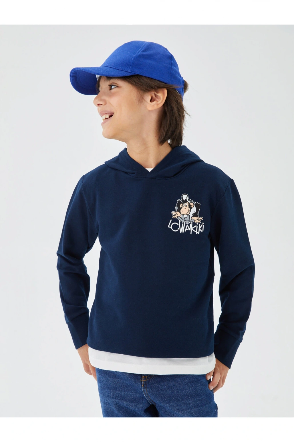 Nostaljik Maymun Baskılı Uzun Kollu Erkek Çocuk Hoodie