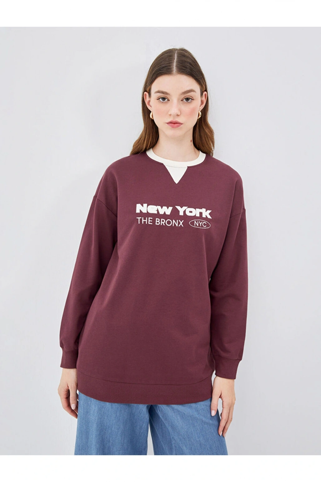 LCW Modest Bordo Bisiklet Yaka Nakışlı Kadın Sweatshirt Tunik