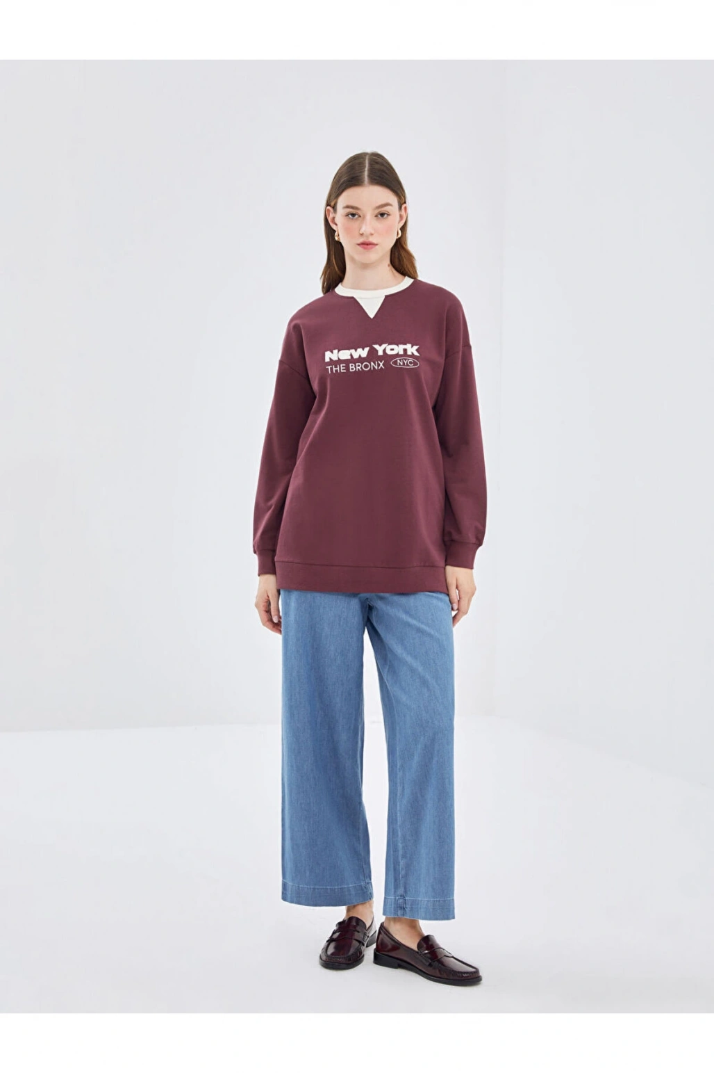 LCW Modest Bordo Bisiklet Yaka Nakışlı Kadın Sweatshirt Tunik