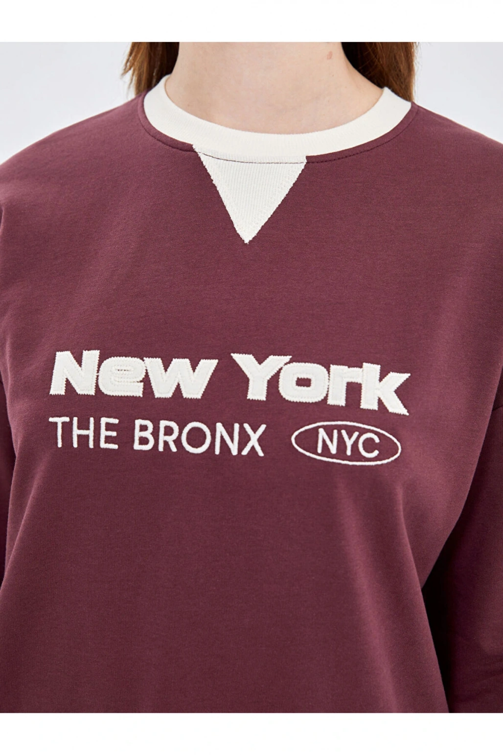 LCW Modest Bordo Bisiklet Yaka Nakışlı Kadın Sweatshirt Tunik