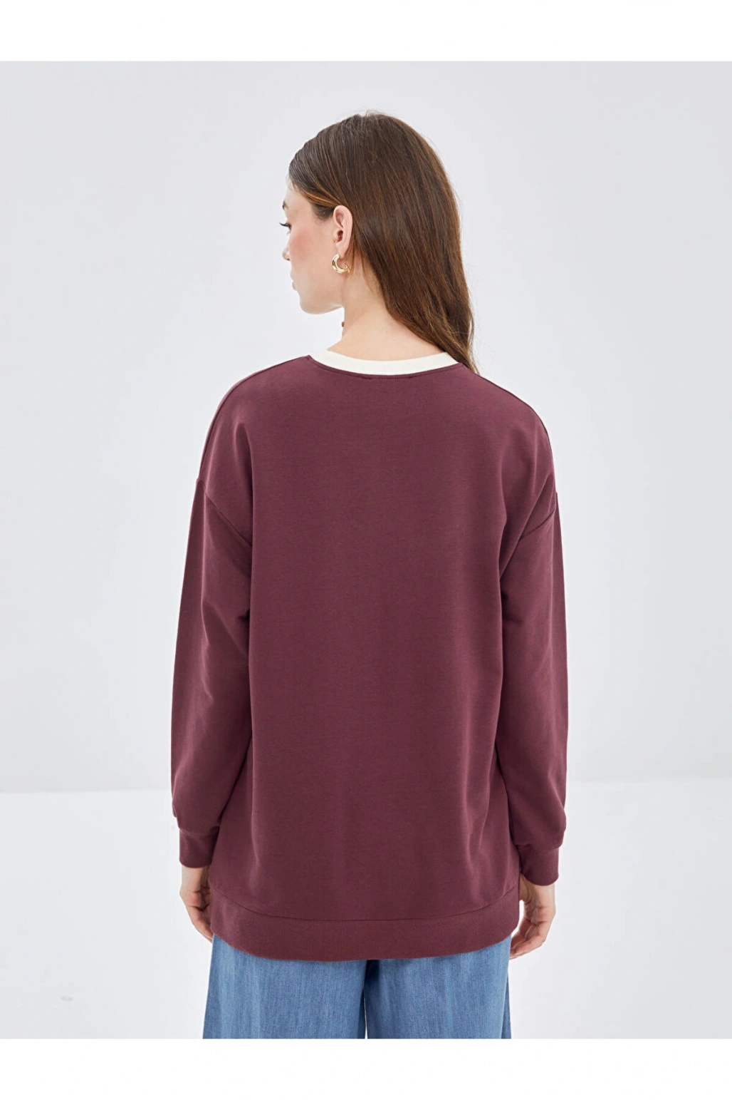 LCW Modest Bordo Bisiklet Yaka Nakışlı Kadın Sweatshirt Tunik