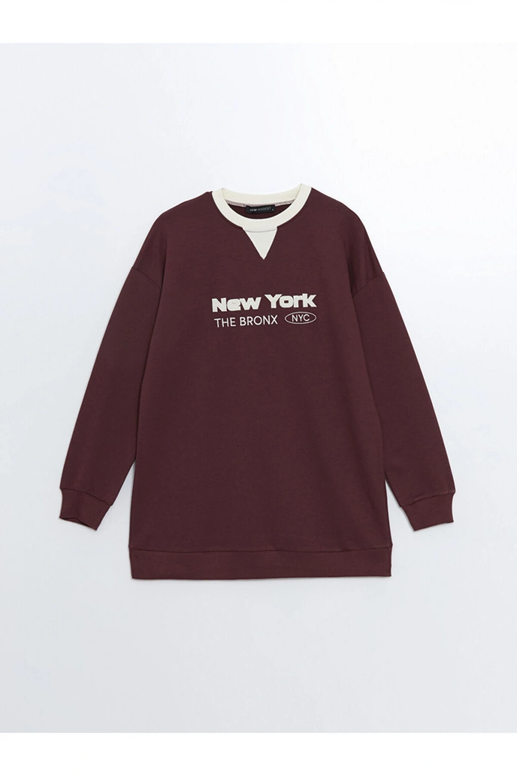 LCW Modest Bordo Bisiklet Yaka Nakışlı Kadın Sweatshirt Tunik