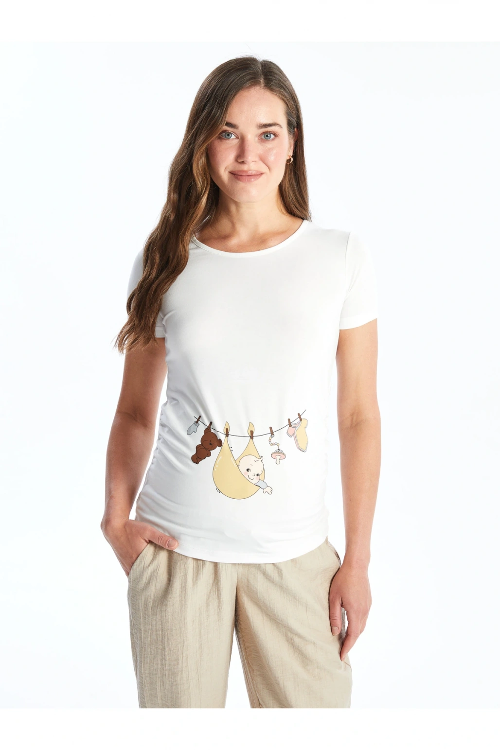 Bisiklet Yaka Baskılı Kısa Kollu Hamile Tişört