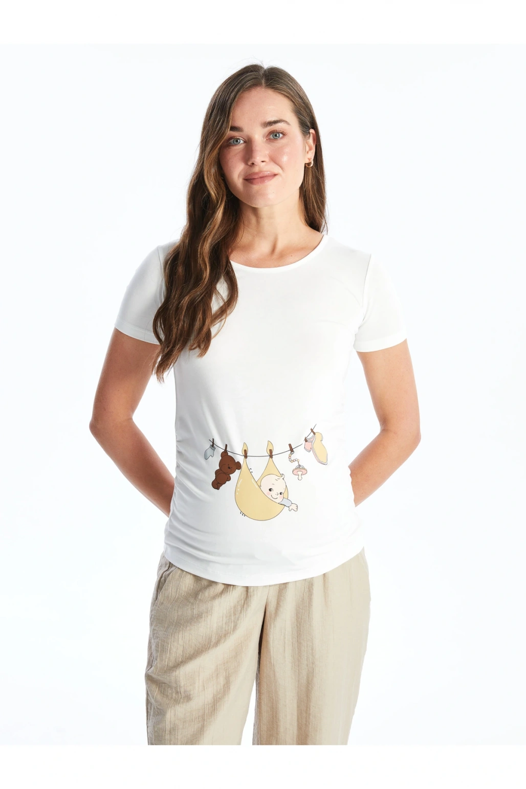 Bisiklet Yaka Baskılı Kısa Kollu Hamile Tişört