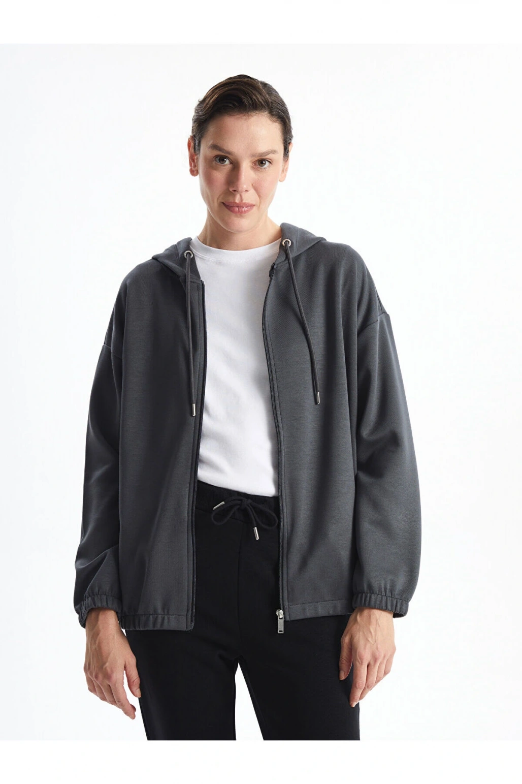 Lcwaikiki Basic Kapüşonlu Oversize Kadın Fermuarlı Sweat