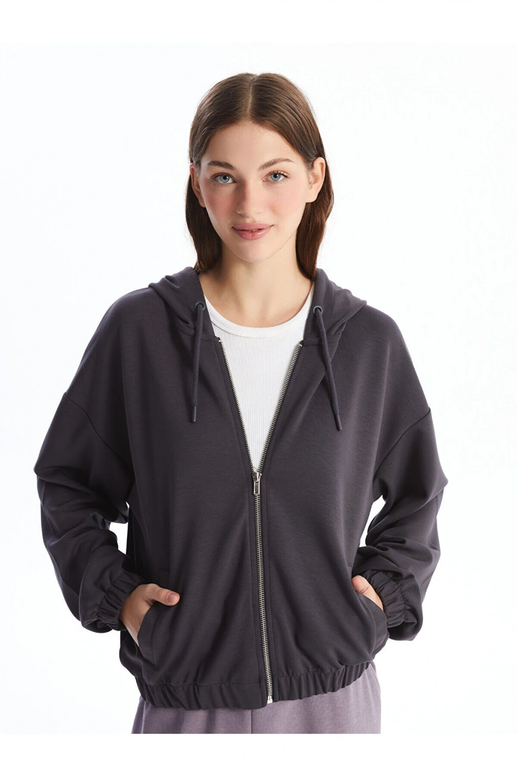 Lcwk Kapüşonlu Düz Uzun Kollu Kadın Fermuarlı Sweatshirt