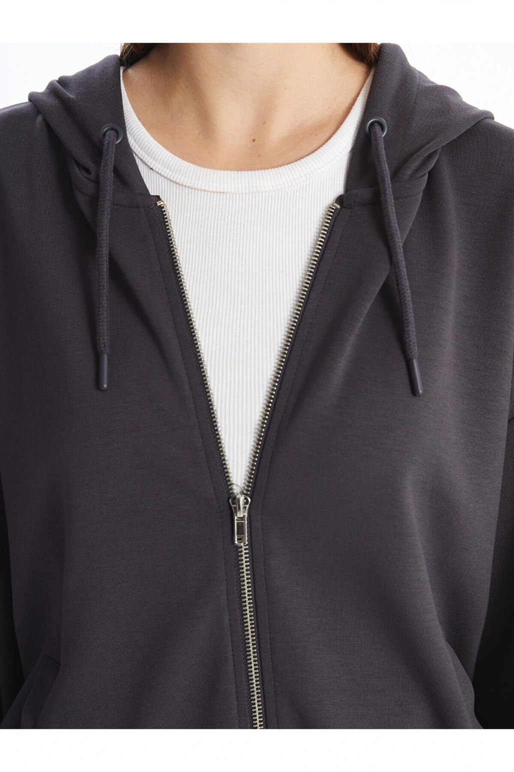 Lcwk Kapüşonlu Düz Uzun Kollu Kadın Fermuarlı Sweatshirt