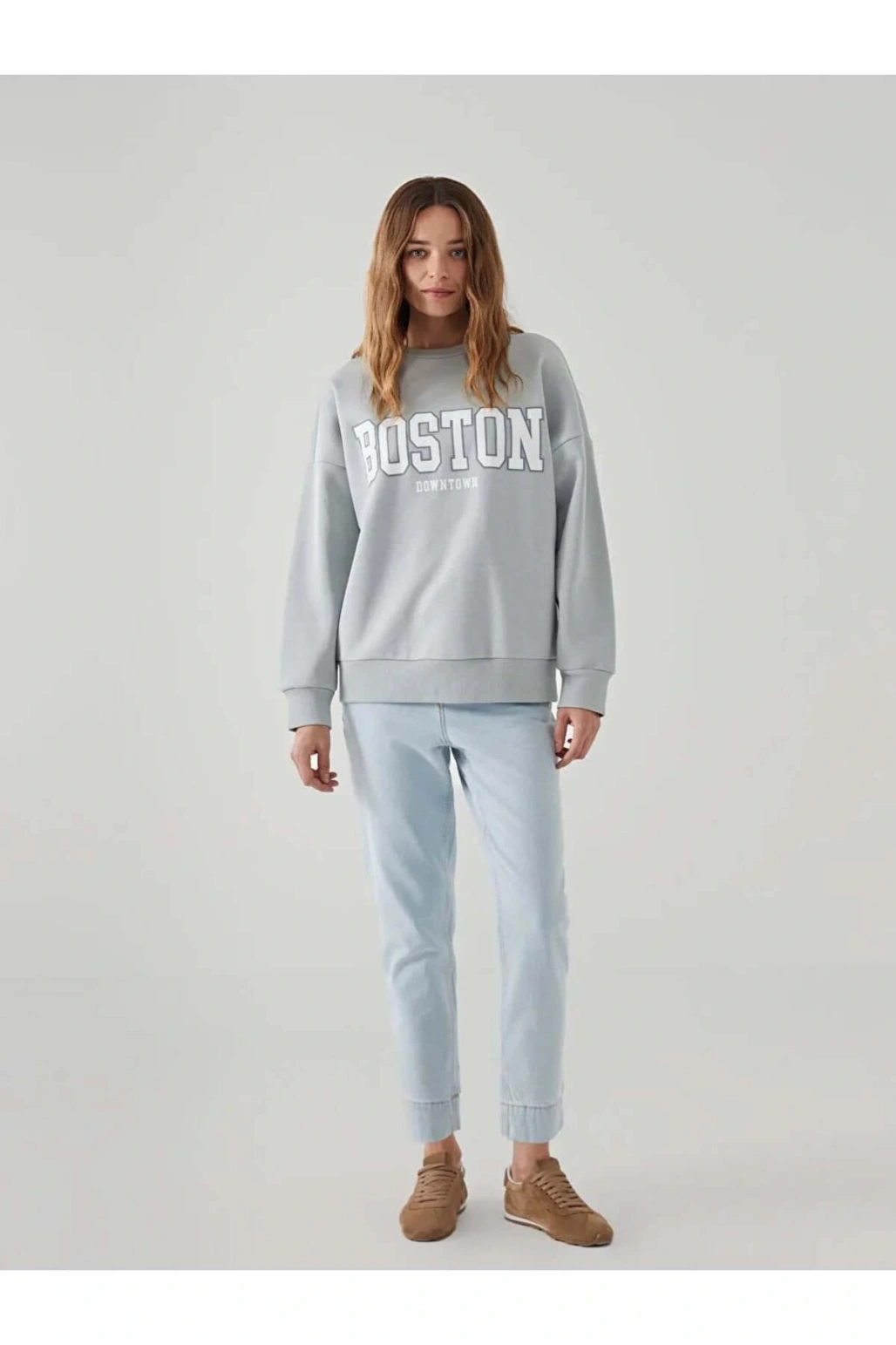 LCW Vision Gri Boston Baskılı Oversize Kadın Kalın Sweatshirt