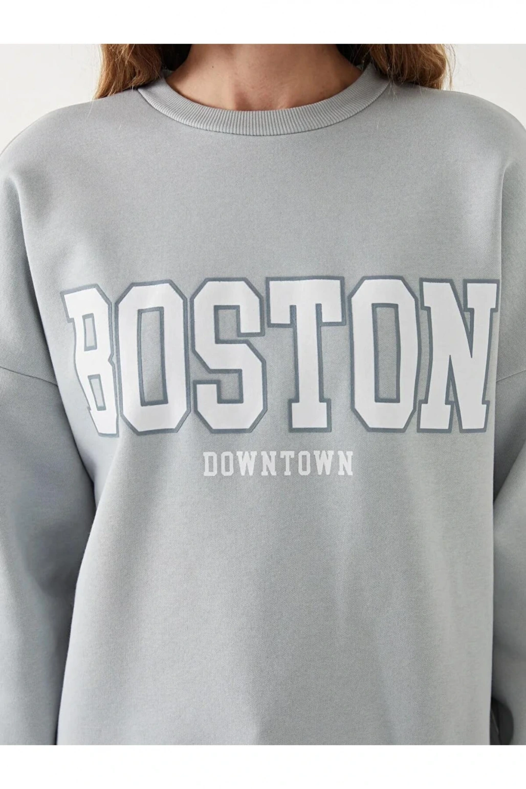 LCW Vision Gri Boston Baskılı Oversize Kadın Kalın Sweatshirt
