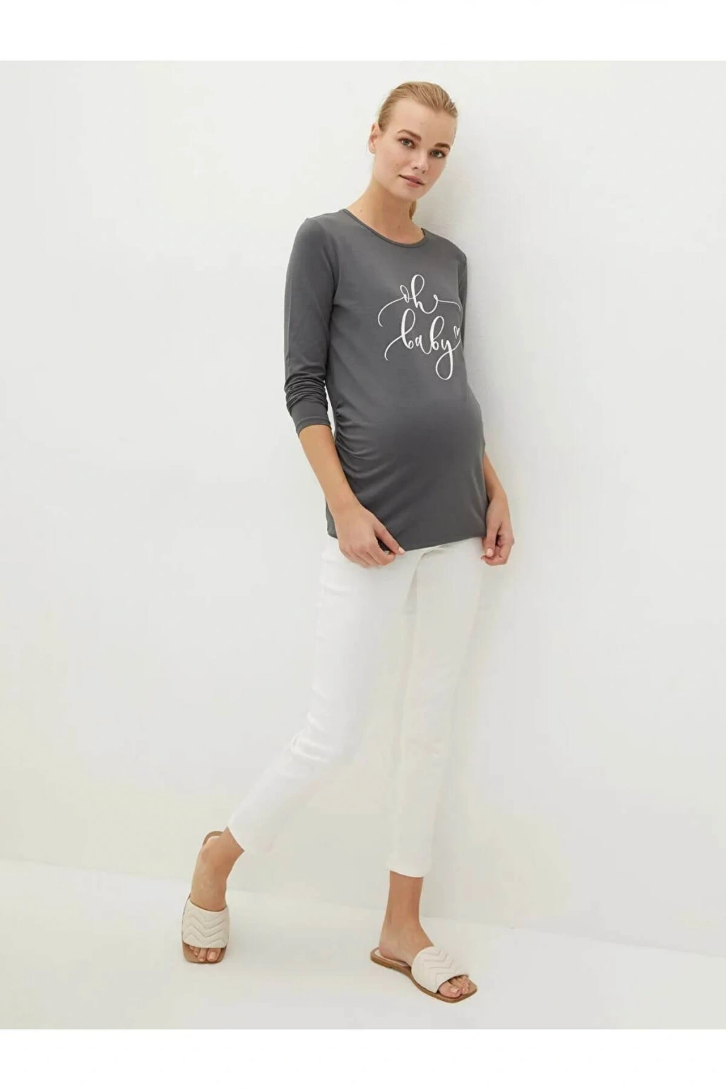 LCWAIKIKI Maternity Gri Bisiklet Yaka Baskılı Uzun Kollu Hamile Tişört