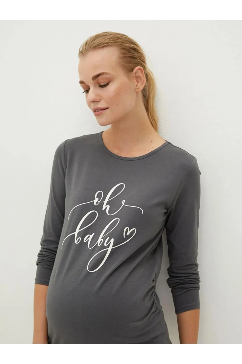 LCWAIKIKI Maternity Gri Bisiklet Yaka Baskılı Uzun Kollu Hamile Tişört