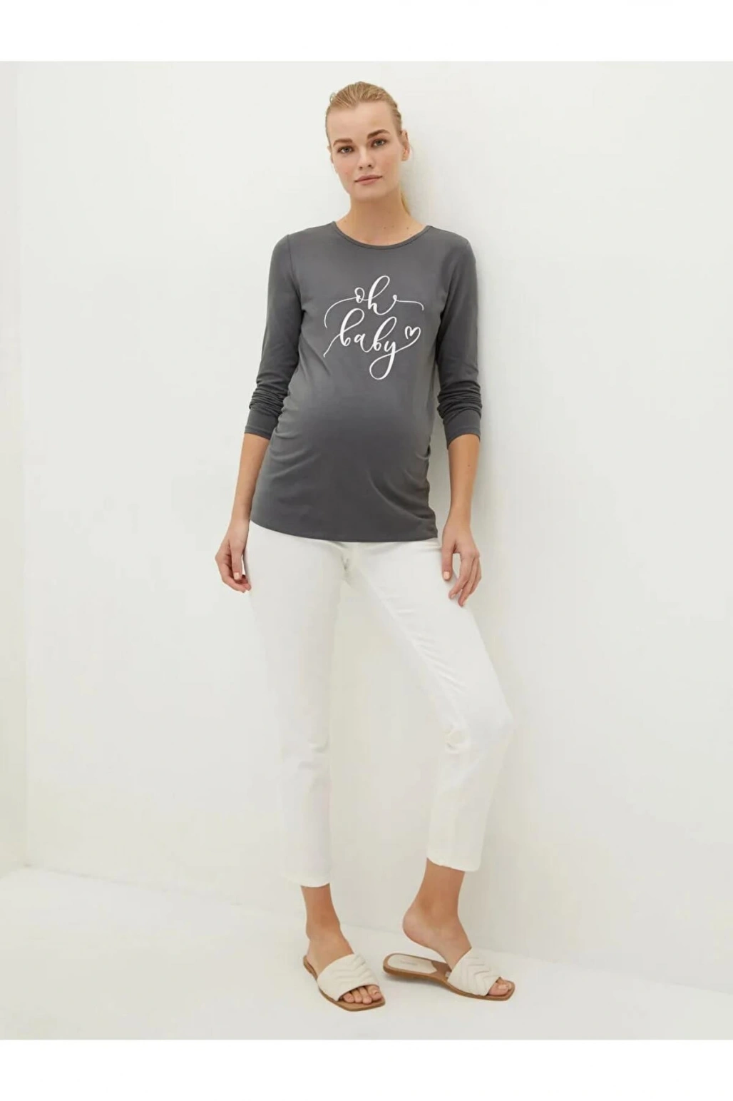 LCWAIKIKI Maternity Gri Bisiklet Yaka Baskılı Uzun Kollu Hamile Tişört