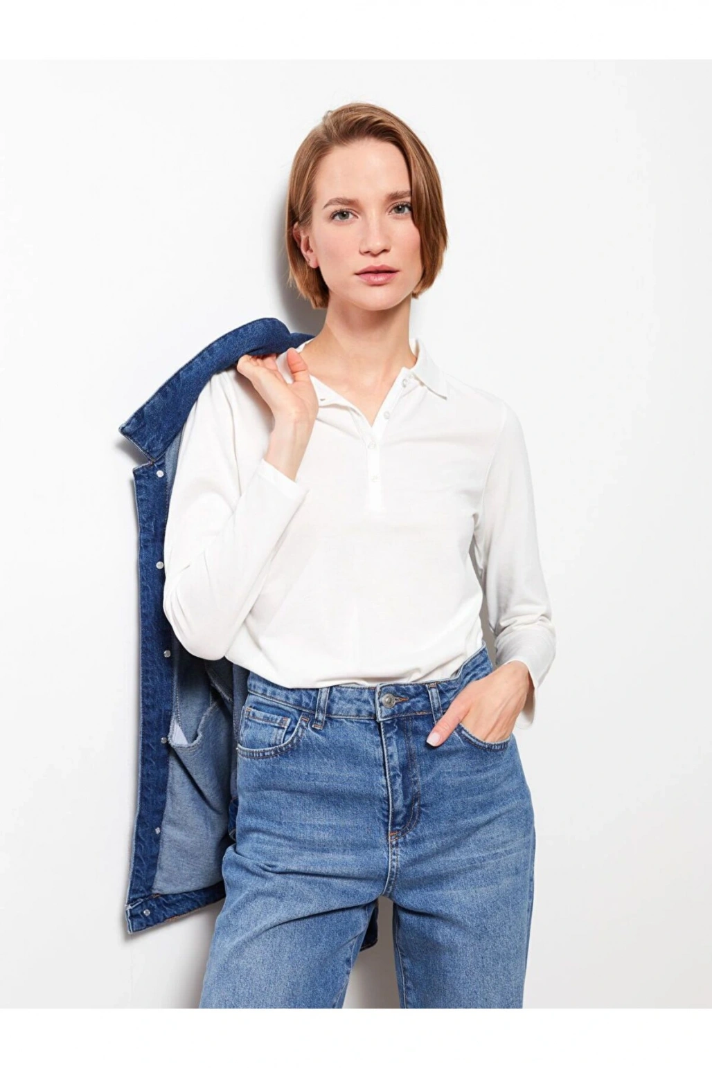 Polo Yaka Düz Uzun Kollu Pike Kadın Tişört