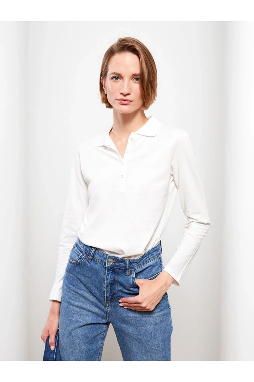 Polo Yaka Düz Uzun Kollu Pike Kadın Tişört