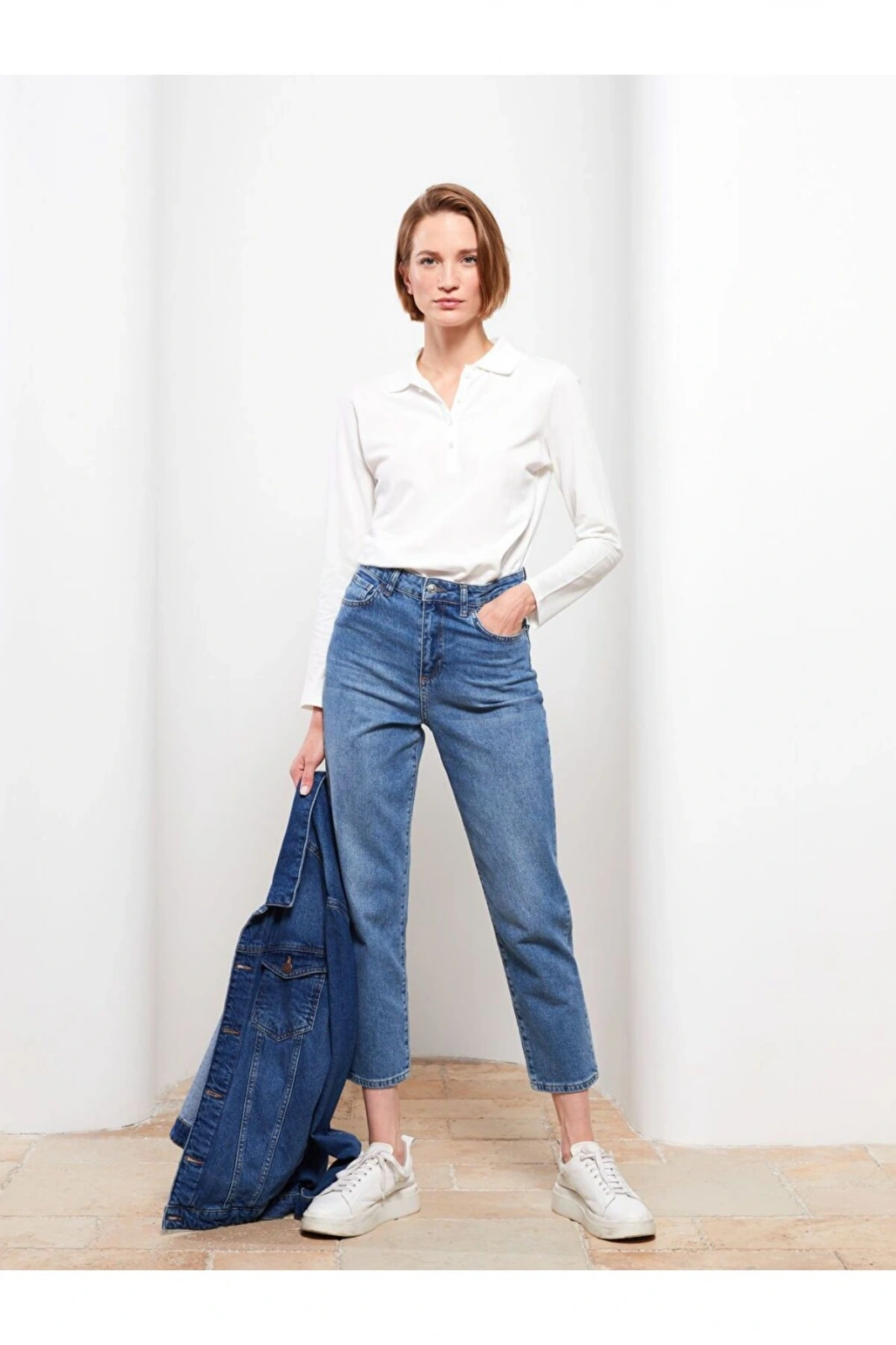 Polo Yaka Düz Uzun Kollu Pike Kadın Tişört