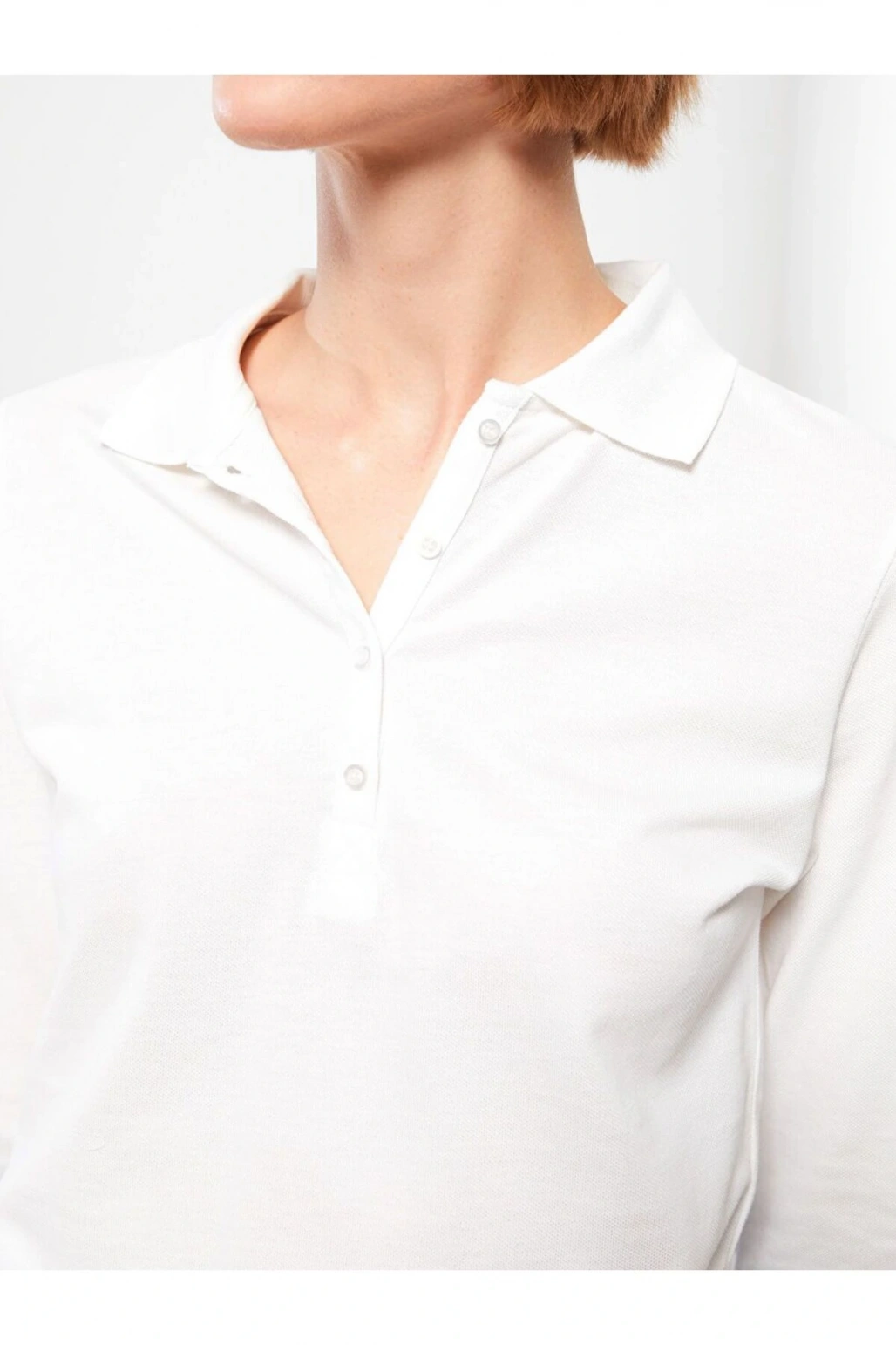 Polo Yaka Düz Uzun Kollu Pike Kadın Tişört